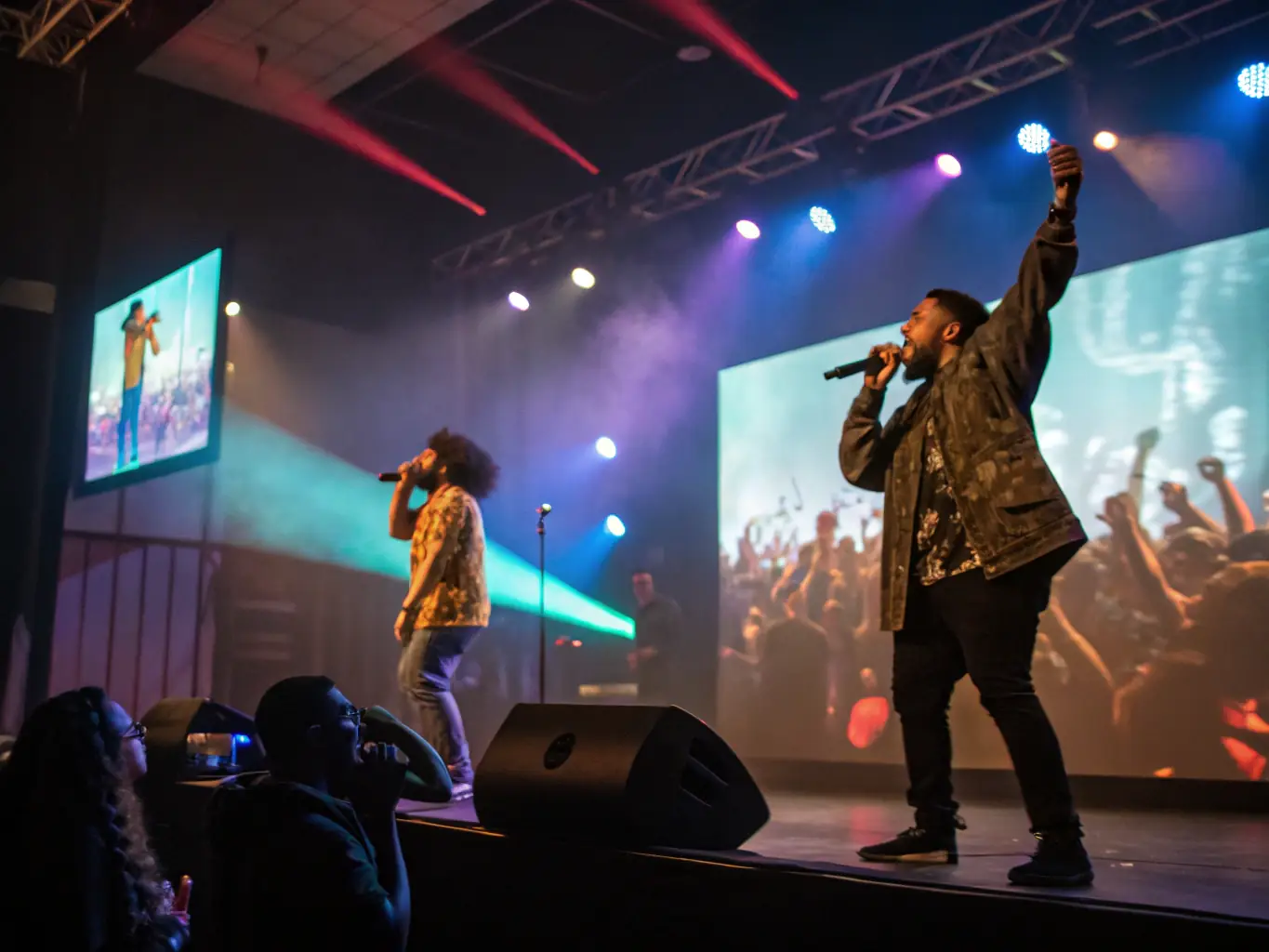A vibrant image showcasing a live event production scene, with artists performing on stage and technical crew managing the sound and lighting.